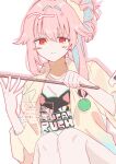  1girl blue_archive blue_hair blush_stickers closed_mouth hair_between_eyes hair_bun hair_intakes highres holding jacket kuritiizu long_hair long_sleeves looking_at_viewer multicolored_hair natsu_(band)_(blue_archive) natsu_(blue_archive) open_clothes open_jacket pink_hair red_eyes scrunchie shirt simple_background single_hair_bun single_side_bun sitting smile solo white_background white_shirt yellow_jacket 