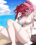  1girl absurdres adjusting_eyewear bare_shoulders beach_chair bikini black_bow blue_sky bow breasts cleavage commentary_request day feet_out_of_frame fingernails hair_between_eyes hair_bow hairband headgear highres korean_commentary large_breasts long_fingernails long_hair looking_at_viewer lupa_(wuthering_waves) metal_hairband multicolored_hair multiple_hair_bows nail_polish navel open_mouth outdoors partial_commentary pink-tinted_eyewear pink_hair red_nails red_pupils round_eyewear side-tie_bikini_bottom sitting skindentation sky small_chair_(xiaosaiyi33818) smile solo stomach streaked_hair string_bikini sunglasses swimsuit tacet_mark_(wuthering_waves) tail thighs tinted_eyewear twintails white_bikini wolf_tail wrist_guards wuthering_waves yellow_eyes 
