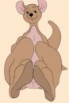 absurd_res animate_inanimate black_eyes black_nose brown_body daishu_mianbao disney eyelashes feet female hi_res humanoid kanga kangaroo living_plushie looking_at_viewer macropod mammal marsupial mouth_closed pink_inner pink_inner_ear pink_underbelly plushie pose pouch_(anatomy) simple_background sitting solo stitch_(sewing) tail toes winnie_the_pooh_(franchise) yellow_background