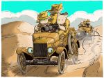  6+boys blue_sky car desert drum_magazine dust_cloud gun highres hill lewis_gun light_machine_gun machine_gun magazine_(weapon) military_uniform motor_vehicle multiple_boys original sand sky steering_wheel sunlight vickers_machine_gun weapon yabarn 