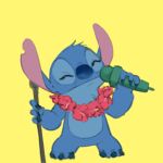  1:1 2021 4_fingers alien blue_body blue_claws blue_fur blue_nose claws colored_sketch disney experiment_(lilo_and_stitch) eyes_closed fingers fur hi_res holding_microphone holding_object lei lilo_and_stitch microphone notched_ear rio-ppipi simple_background sketch smile solo stitch_(lilo_and_stitch) yellow_background 