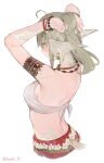  1girl absurdres ahoge armpits arms_up au_ra back bare_shoulders bead_bracelet beads blush bracelet braid breasts commentary_request cropped_torso earrings final_fantasy final_fantasy_xiv grey_hair highres horns isaya_(pixiv4541633) jewelry median_furrow medium_breasts medium_hair midriff scales simple_background solo strapless tail tube_top twitter_username tying_hair warrior_of_light_(ff14) white_background white_scales white_tube_top 