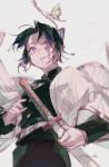  1girl belt bug butterfly commentary demon_slayer_uniform gakuran hair_bun haori hiba_riko highres holding holding_sword holding_weapon japanese_clothes kimetsu_no_yaiba kochou_shinobu parted_lips purple_eyes school_uniform sidelocks simple_background solo sword twitter_username weapon white_haori 