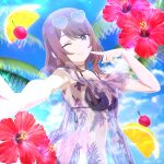  1girl arm_at_side bikini black_bikini blue_sky breasts brown_hair cherry cloud copyright_name eyewear_on_head flower food fruit glasses heart heart-shaped_eyewear hibiscus highres large_breasts lemon looking_at_viewer medium_hair murafuji_sana official_art one_eye_closed palm_tree parted_lips pole_princess!! see-through_clothes see-through_shirt selfie shirt sky string_bikini swimsuit teeth tree upper_body 