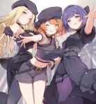  3girls begrazia_(idolmaster) belt beret black_dress black_hat black_ribbon blonde_hair blush brown_eyes brown_hair commentary_request dress fingerless_gloves fishnets gakuen_idolmaster gloves grin hair_ribbon hanami_ume hat hataya_misuzu highres idolmaster juo_sena long_hair looking_at_viewer midriff miya_kazutomo mole mole_under_mouth multiple_girls navel official_alternate_costume one_eye_closed open_mouth outstretched_arm outstretched_hand pants pantyhose puffy_short_sleeves puffy_sleeves purple_eyes purple_hair ribbon short_hair short_sleeves shorts smile 