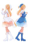  2girls beret blonde_hair blue_boots blue_corset blue_dress blue_hat boots bow bowtie braid braided_bangs capelet closed_eyes commentary_request corset cross-laced_clothes cross-laced_corset dress elf full_body hair_rings hat high_heel_boots high_heels highres hololive knee_boots long_hair long_sleeves medium_dress multicolored_hair multiple_girls official_alternate_color official_alternate_costume official_alternate_hairstyle orange_bow orange_bowtie orange_eyes own_hands_clasped own_hands_together parted_lips platform_boots platform_heels pointy_ears puffy_long_sleeves puffy_sleeves shiranui_flare shiranui_flare_(luminous) sidelocks simple_background streaked_hair tyabesu virtual_youtuber white_boots white_capelet white_corset white_dress white_hat 