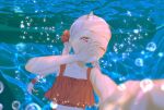  1girl air_bubble bikini boku_no_hero_academia braid bubble eri_(boku_no_hero_academia) highres horns one_eye_closed oru_2ji reaching reaching_towards_viewer red_bikini red_eyes single_horn solo submerged swimsuit twin_braids water white_hair 