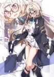  1girl absurdres ahoge black-framed_eyewear black_gloves black_jacket black_panties blonde_hair blue_archive breasts glasses gloves halo headphones headphones_around_neck highres jacket kotama_(blue_archive) large_breasts long_hair long_sleeves open_clothes open_jacket open_mouth panties purple_eyes purple_halo shirt solo sweatdrop to_(tototo_tk) torn_clothes torn_panties torn_shirt underwear zoom_layer 