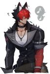  1boy ? animal_ear_fluff animal_ears bf2xuec6ow98466 black_choker black_hair black_jacket choker closed_mouth collarbone colored_speech_bubble crew_neck cropped_legs frown highres jacket komano_manato lapels long_sleeves male_focus motion_lines mouth_hold multicolored_hair musical_note red_hair scar scar_on_chest shirt simple_background sleeve_cuffs sleeve_rolled_up solo speech_bubble spoken_musical_note stalk_in_mouth tail two-tone_hair white_background white_shirt zenless_zone_zero 