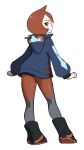  1girl arezu_(pokemon) ayakadegozans back blue_hoodie blue_jacket boots closed_mouth cowlick curled_fingers from_behind gradient gradient_legwear highres hood hoodie jacket legs long_sleeves looking_at_viewer md5_mismatch multicolored_clothes multicolored_jacket pokemon pokemon_(game) pokemon_legends:_arceus red_eyes red_hair short_hair shorts solo 