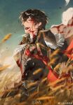  1boy :d ^_^ ayn_alwyn ayn_alwyn_(infinite_empire) belt black_belt black_cape black_coat black_gloves black_hair blood blood_on_clothes blood_on_face buttons cape chinese_commentary closed_eyes cloud coat collared_cape day diamond-shaped_earrings double-breasted epaulettes facing_ahead fang fur-trimmed_sleeves fur_trim gem gloves hair_between_eyes highres lapels ling_ye_shufulei long_sleeves lovebrush_chronicles male_focus military_uniform necktie outdoors outstretched_arms profile red_cape red_gemstone red_necktie short_hair sleeve_cuffs smile solo spread_arms standing two-sided_cape two-sided_fabric upper_body watermark weibo_watermark wheat_field wind 