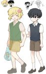  4boys antenna_hair artist_collaboration bag basil_(faraway)_(omori) basil_(headspace)_(omori) basil_(omori) black_eyes black_hair black_shoes black_sweater_vest black_tank_top blonde_hair blush bright_pupils brown_shoes chibi closed_eyes closed_mouth collared_shirt double-parted_bangs flower green_sweater_vest hair_flower hair_ornament hand_on_another&#039;s_arm head_wreath highres holding holding_bag loafers looking_at_another multiple_boys no_mouth omori omori_(omori) open_mouth overall_shorts overalls plastic_bag sebon_(sebochin) shirt shoes short_hair short_sleeves shorts simple_background smile socks striped_clothes striped_shorts sunny_(omori) sweater_vest tank_top translation_request vertical-striped_clothes vertical-striped_shorts white_background white_pupils white_shirt white_shorts white_socks yuuabara 