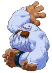 1boy absurdres arm_at_side bengus darkstalkers fangs full_body game_cg grin happy highres knees_apart_feet_together looking_at_viewer male_focus monster non-web_source official_art red_eyes sasquatch_(darkstalkers) simple_background sitting smile solo vampire_savior:_the_lord_of_vampire waving white_background white_fur yeti_(creature) 