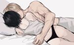  1boy 1girl ada_wong arm_around_back ass bare_shoulders bed_sheet black_hair black_panties blonde_hair closed_eyes closed_mouth commentary_request couple cuddling dimples_of_venus feet_out_of_frame from_behind hetero leon_s._kennedy lying meow_(cindy738) on_side panties pillow resident_evil shared_bed short_hair signature sleeping sleeping_together tank_top topless_male underwear white_tank_top 