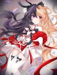  1girl arcaea black_bow black_bowtie black_eyes black_hair blonde_hair boots bow bowtie breasts cross flower gloved_sleeves hair_between_eyes heterochromia highres long_hair maya_(arcaea) medium_breasts multicolored_bow multicolored_hair qimiaodeluxingzhe red_eyes red_ribbon ribbon shirt sidelocks sleeve_cuffs solo thigh_boots thighhighs two-tone_hair upper_body very_long_hair white_background white_bow white_flower white_petals white_shirt white_sleeves white_thighhighs 