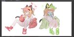  2girls adjusting_eyewear alternate_costume alternate_hairstyle animal_ears arm_support art_program_in_frame bare_shoulders black_tail blonde_hair blue-tinted_eyewear blue_archive bow cat_ears cat_tail clip_studio_paint clip_studio_paint_(medium) closed_eyes cosplay diamond_cutout eating fake_animal_ears fake_tail flat_chest food food_in_mouth full_body gorokara green_bow green_halo green_hat green_jacket green_sandals green_visor halo hand_on_eyewear hat hat_bow highleg highleg_one-piece_swimsuit highres holding holding_food holding_popsicle holding_stick hot jacket knees_together_feet_apart knees_up korean_text leaning_back long_sleeves melting_popsicle midori_(blue_archive) momoi_(blue_archive) multiple_girls off_shoulder one-piece_swimsuit open_clothes open_jacket open_mouth pink-tinted_eyewear pink_halo pink_hat pink_jacket pink_sandals pink_visor ponytail popsicle popsicle_in_mouth red_bow sandals seia_(blue_archive) seia_(blue_archive)_(cosplay) seia_(swimsuit)_(blue_archive) short_hair short_ponytail siblings side_ponytail sidelocks simple_background sisters sitting spread_legs stick sunglasses sweat swimsuit tail tinted_eyewear twins u_u very_sweaty visor_cap white_background white_one-piece_swimsuit 