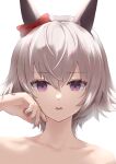  1girl animal_ears bangs bare_shoulders bow collarbone curren_chan_(umamusume) ear_bow grey_hair hairband hand_on_own_cheek hand_on_own_face hand_up highres horse_ears hoshinopurin lips looking_at_viewer parted_lips portrait purple_eyes red_bow short_hair solo umamusume 