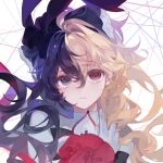  1girl absurdres arcaea black_bow black_bowtie black_eyes black_hair blonde_hair bow bowtie breasts bzyzsjl01 crying flower hair_between_eyes heterochromia highres long_hair maya_(arcaea) medium_breasts multicolored_bow multicolored_hair portrait red_eyes red_ribbon ribbon shirt sidelocks sleeve_cuffs solo tears two-tone_hair upper_body very_long_hair white_background white_bow white_flower white_petals white_shirt white_sleeves 