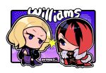  2girls anna_williams black_coat black_dress black_hair blonde_hair blue_eyes border breasts character_name chibi chibi_only cleavage closed_mouth coat dot_mouth dress earrings glaring hair_over_one_eye jewelry kotorai multiple_girls nina_williams outline purple_dress red_coat red_streaks siblings sisters tekken tekken_8 watermark white_border white_outline 