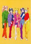  1990s_(style) 5girls absurdres aino_minako artbook barefoot bishoujo_senshi_sailor_moon black_hair blonde_hair blue_eyes blue_hair closed_mouth double_bun earrings full_body green_eyes green_jacket group_picture hair_bun highres hino_rei incredibly_absurdres jacket jewelry kino_makoto long_hair mizuno_ami multiple_girls official_alternate_hair_color official_alternate_hairstyle official_art orange_nails orange_pants pants pink_hair pink_jacket pink_lips pink_nails ponytail purple_jacket purple_pants red_nails red_pants retro_artstyle scan scan_artifacts short_hair sleeveless sleeveless_turtleneck smile split_mouth takeuchi_naoko tsukino_usagi turtleneck twintails yellow_background yellow_jacket yellow_pants 