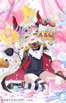  1girl anno_aano balloon black_jacket black_shoes blonde_hair blue_one-piece_swimsuit bottle cake commentary_request confetti copyright_notice cream cupcake demon_girl demon_horns demon_tail emma_august emma_august_(1st_costume) fang fireworks food fruit full_body hair_between_eyes hair_ornament hairclip happy_birthday heart heart_balloon holding holding_plate horns jacket jacket_on_shoulders looking_at_viewer macaron nijisanji official_art one-piece_swimsuit plate pointy_ears red_horns shoes single_thighhigh solo sparkler star_(symbol) star_balloon star_hair_ornament strawberry striped_clothes striped_thighhighs swimsuit tail thighhighs tongue wing_hair_ornament yellow_eyes 