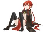  1boy arm_support bare_shoulders black_gloves black_legwear bulge closed_mouth elbow_gloves fate/grand_order fate_(series) full_body gloves knees_up koha-ace long_hair low_ponytail male_focus no_shoes oda_nobukatsu_(fate) pelvic_curtain ponytail red_eyes red_hair sidelocks simple_background solo sweat tachitsu_teto thighhighs very_long_hair wavy_mouth white_background 