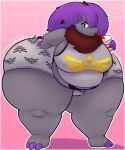  2025 absurd_res anthro areola_outline belly big_butt biped blue_eyes bottomwear bulge butt clothing container cup drinking_straw fan_character front_view fur generation_5_pokemon grey_body grey_fur gynomorph hair hand_on_hip hi_res huge_butt huge_hips huge_thighs hylian_crest hyper hyper_butt hyper_thighs intersex looking_at_viewer mcerror nintendo nipple_outline overweight overweight_anthro overweight_gynomorph overweight_intersex pokemon pokemon_(species) purple_hair shiny_pokemon shirt shorts simple_background solo standing tank_top thick_thighs topwear trans_(lore) trans_woman_(lore) wide_hips zor_(nya4) zoroark 