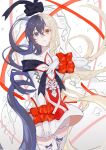  1girl :o arcaea black_bow black_bowtie black_eyes black_hair blonde_hair bow bowtie breasts flower gloved_sleeves hair_between_eyes heterochromia highres long_hair maya_(arcaea) medium_breasts multicolored_bow multicolored_hair red_eyes red_ribbon ribbon shirt sidelocks sleeve_cuffs solo two-tone_hair upper_body very_long_hair white_background white_bow white_flower white_petals white_shirt white_sleeves witaminu 