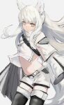  1girl animal_ear_fluff animal_ears arknights bangs belt black_legwear blunt_bangs breasts gnai grey_background highres horse_ears jacket long_hair looking_at_viewer navel platinum_(arknights) shirt short_shorts shorts simple_background small_breasts solo stomach thighhighs white_hair white_shirt yellow_eyes zipper 