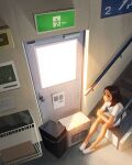  1girl black_hair brown_eyes closed_mouth door exit_sign highres indoors looking_up medium_hair sam_yang short_sleeves sitting solo stairs 