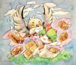  colored_pencil_(medium) envelope holding holding_envelope mail mailbag mailman necktie non_(kumakawayusu) open_mouth outstretched_arms package painting_(medium) pidove pokemon pokemon_(creature) ralts red_eyes red_necktie spread_arms traditional_media watercolor_(medium) yellow_eyes 