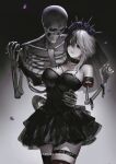  1girl aoi_ogata artist_name bare_shoulders black_background black_dress black_gloves black_hair breasts clip_studio_paint_(medium) closed_mouth commentary commission dress elbow_gloves english_commentary flower gloves gradient_background grey_background hair_between_eyes hair_flower hair_ornament heterochromia highres hollow_eyes medium_breasts multicolored_hair original petals purple_eyes purple_flower purple_rose rose skeletal_arm skeletal_leg skeleton smile solo torn_clothes torn_gloves two-tone_hair veil white_hair zombie 