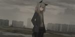  absurd_res animal_humanoid bottomwear building canid canid_humanoid canine canine_humanoid chifuri clothing detailed_background female fox_ears fox_humanoid fox_tail grey_hair hair hand_in_pocket hi_res humanoid jaana_kettu jacket looking_at_viewer mammal mammal_humanoid outside overcast pockets shorts sky solo standing sweater topwear 