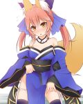  1girl :o absurdres animal_ear_fluff animal_ears bangs bare_shoulders black_legwear blush brown_eyes commentary_request extra_ears fate/extra fate_(series) fox_ears fox_girl fox_tail hair_between_eyes haryuu_(poetto) highres long_hair long_sleeves looking_at_viewer open_mouth panties panty_pull pink_hair solo tail tamamo_(fate) tamamo_no_mae_(fate/extra) thighhighs twintails underwear white_panties wide_sleeves younger 