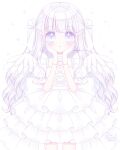  1girl :o angel_wings bangs blue_eyes blush commentary_request dress eyebrows_visible_through_hair hands_on_own_face hands_up highres himetsuki_luna layered_dress long_hair looking_at_viewer original parted_lips pleated_dress puffy_short_sleeves puffy_sleeves short_sleeves signature silver_hair simple_background solo sparkle standing twitter_username two_side_up very_long_hair white_background white_dress white_wings wings 
