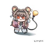  1girl black_gloves black_shirt bodysuit brown_hair chibi chibi_only commentary fingerless_gloves full_body gloves hair_rings hand_up jacket lennykaise looking_at_viewer lumi_(wuthering_waves) mechanical_tail orange_eyes parted_lips pink_jacket shirt simple_background single_leg_bodysuit solo standing symbol-only_commentary tacet_mark_(wuthering_waves) tail thick_eyebrows twitter_username white_background white_bodysuit wuthering_waves 