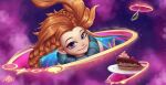  1girl absurdres artist_logo artist_name bangs bare_shoulders blue_eyes braid brown_hair closed_mouth food geus_(just_geus) highres league_of_legends long_hair looking_at_viewer pink_background plate portal_(object) purple_background purple_eyes shiny shiny_hair smile solo space spoon zoe_(league_of_legends) 
