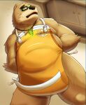  2022 anthro apron belly blush brown_body clothing detailed_background eyewear glasses inside kemono kuremura62213 lifewonders male mammal overweight overweight_male solo tokyo_afterschool_summoners ursid video_games volos 