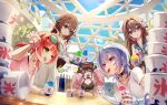  5girls absurdres ahoge arms_up azki_(hololive) bare_shoulders bikini bikini_under_clothes black_bikini black_gloves blue_sky brain_freeze brown_hair closed_eyes cloud colored_tongue commentary_request cup day disposable_cup elbow_gloves eyewear_on_head fingerless_gloves food gloves green_eyes hair_between_eyes highres holding holding_cup holding_spoon holding_tray hololive holonatsu_paradise hoshimachi_suisei jacket long_sleeves low_twintails multicolored_hair multiple_girls open_clothes open_jacket open_mouth pink_hair pink_jacket pink_shirt plastic_spoon puffy_long_sleeves puffy_sleeves purple_eyes purple_hair red-framed_eyewear red_hair roboco-san sakura_miko shaved_ice shirt short_sleeves short_twintails sky sleeveless sleeveless_shirt spoon striped_clothes striped_gloves sue_(bg-bros) sunglasses swimsuit tokino_sora tongue tongue_out tray twintails two-tone_hair white_shirt wrist_cuffs 