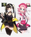  2girls absurdres artist_name bag black_hair black_necktie blue_eyes blush breasts ciosuii cleavage eyebrows_visible_through_hair grin gun handbag highres holding holding_gun holding_weapon large_breasts long_hair looking_at_viewer multicolored_hair multiple_girls necktie original parted_lips personification pink_hair red_eyes short_hair smile teeth twintails weapon white_hair 