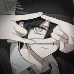  1boy \n/ bangs black_jacket brown_eyes collared_shirt danganronpa_(series) danganronpa_v3:_killing_harmony grey_shirt hair_between_eyes hands_up jacket looking_at_viewer male_focus mnm47579553 necktie official_alternate_costume portrait saihara_shuuichi shirt short_hair smile solo striped_necktie 