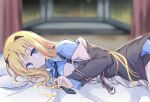  1girl baldr_(series) baldr_sky bangs black_jacket blonde_hair blue_eyes blue_necktie blue_shirt blurry blurry_background blush breasts collared_shirt eyebrows_visible_through_hair highres jacket kirishima_rain long_hair looking_up lying medium_breasts necktie on_bed on_side parted_lips shirt solo usetsusakon2 very_long_hair 