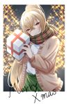  1girl absurdres alternate_costume ayanami_(azur_lane) ayanami_(retrofit)_(azur_lane) azur_lane box casual christmas commentary_request contemporary english_text gift gift_box grey_hair hair_between_eyes happy head_tilt highres holding holding_gift jacket konparu_uran long_hair long_sleeves looking_at_viewer merry_christmas orange_eyes plaid plaid_scarf ponytail scarf sidelocks solo sweater_jacket 