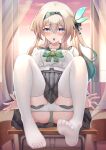  1girl :o absurdres ass black_hairband bow bowtie chair checkered_bow checkered_bowtie checkered_clothes commentary_request curtains desk firefly_(honkai:_star_rail) firefly_(spring_missive)_(honkai:_star_rail) gradient_eyes gradient_hair green_bow green_bowtie green_panties green_pupils grey_hair grey_sailor_collar grey_skirt hair_between_eyes hairband highres honkai:_star_rail honkai_(series) indoors knees_up long_hair long_sleeves memeiradesuyo multicolored_eyes multicolored_hair on_desk open_mouth panties plaid_bow plaid_bowtie plaid_clothes plaid_skirt sailor_collar school_chair school_desk school_uniform shirt sitting skirt solo sunset thighhighs translation_request underwear white_shirt white_thighhighs window 