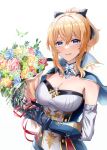  1girl absurdres bangs blonde_hair blue_eyes blush bouquet breasts capelet cleavage crystalfly_(genshin_impact) detached_collar detached_sleeves flower gauntlets genshin_impact hair_ribbon highres holding holding_bouquet jean_(genshin_impact) looking_at_viewer medium_breasts mon-chan open_mouth ribbon rose sidelocks simple_background smile solo upper_body vambraces white_background 