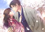  1boy 1girl artist_name black_hair butterfly_hair_ornament cherry_blossoms couple day eye_contact floral_print glasses hair_ornament haori hetero highres izumi_(stardustalone) japanese_clothes kimono lens_flare long_hair looking_at_another outdoors renri_no_chigiri_wo_kimi_to_shiru watermark 