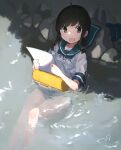  1girl black_hair blue_sailor_collar eyebrows_visible_through_hair fubuki_(kancolle) green_eyes highres holding holding_paper kantai_collection ma_rukan open_mouth paper partially_submerged rock sailor_collar school_uniform serafuku short_hair short_ponytail short_sleeves signature solo water 