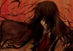  1boy alucard_(hellsing) black_hair closed_mouth glowing glowing_eyes hair_over_one_eye hellsing long_hair looking_at_viewer male_focus picapica red_eyes red_neckwear smile solo upper_body vampire 