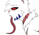  ahegao blue_stripes collar domestic_cat felid feline felis fur long_tongue looking_pleasured male mammal miksu4542 notched_ear red_eyes scars_all_over sharp_teeth solo stripes teeth tongue white_body white_fur 