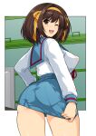  1girl ;d ass bangs blue_sailor_collar bow breasts brown_eyes brown_hair commentary_request covered_nipples cowboy_shot eyebrows_visible_through_hair from_behind hair_bow hairband haruhisky highres kita_high_school_uniform large_breasts long_sleeves looking_at_viewer looking_back medium_hair miniskirt one_eye_closed open_mouth orange_bow orange_hairband puffy_nipples red_ribbon ribbon sailor_collar school_uniform serafuku shirt shirt_tucked_in skirt skirt_tug sleeve_cuffs smile solo standing suzumiya_haruhi suzumiya_haruhi_no_yuuutsu thighs v-shaped_eyebrows white_shirt 